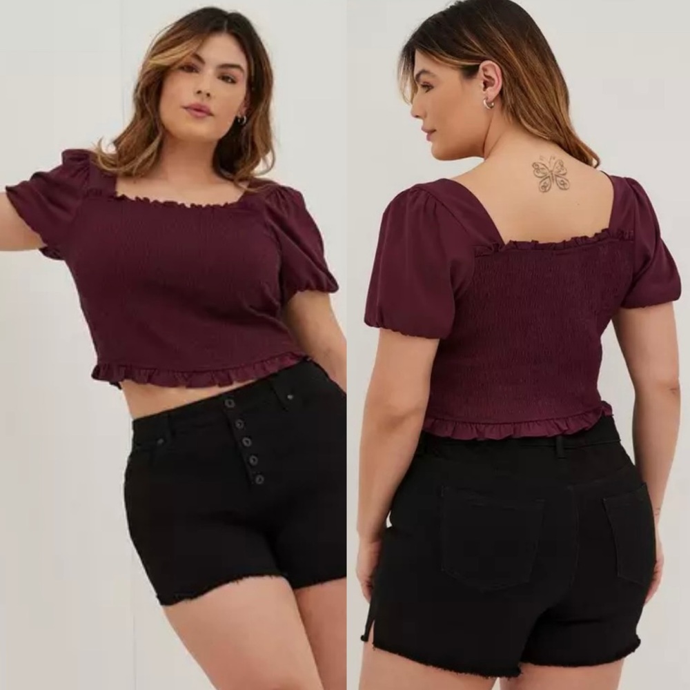 Torrid Stretch Challis Smocked Puff Sleeve Crop‎ Top In Winetasting Plum Size 4X
